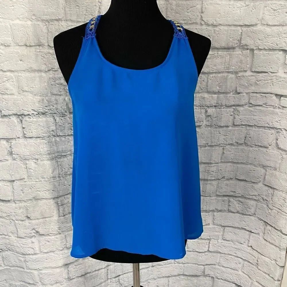 Mine Women S Loose Fit Tank Top Blouse W/crochet And Gold Metal Straps